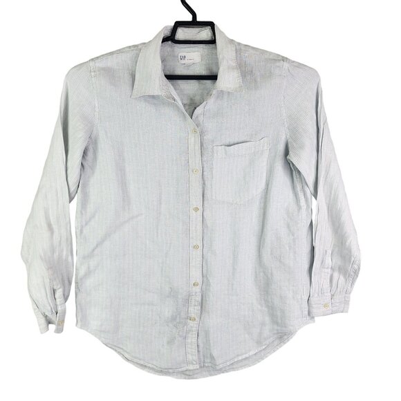 Men's Gap Shirt 100% Linen Light Blue & White Stripes Button-Up Long Sleeve M - Picture 1 of 12